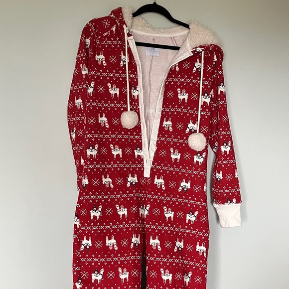 Abercrombie & Fitch Red Hooded Flece Onesie with Llama Print - Picture 1 of 6